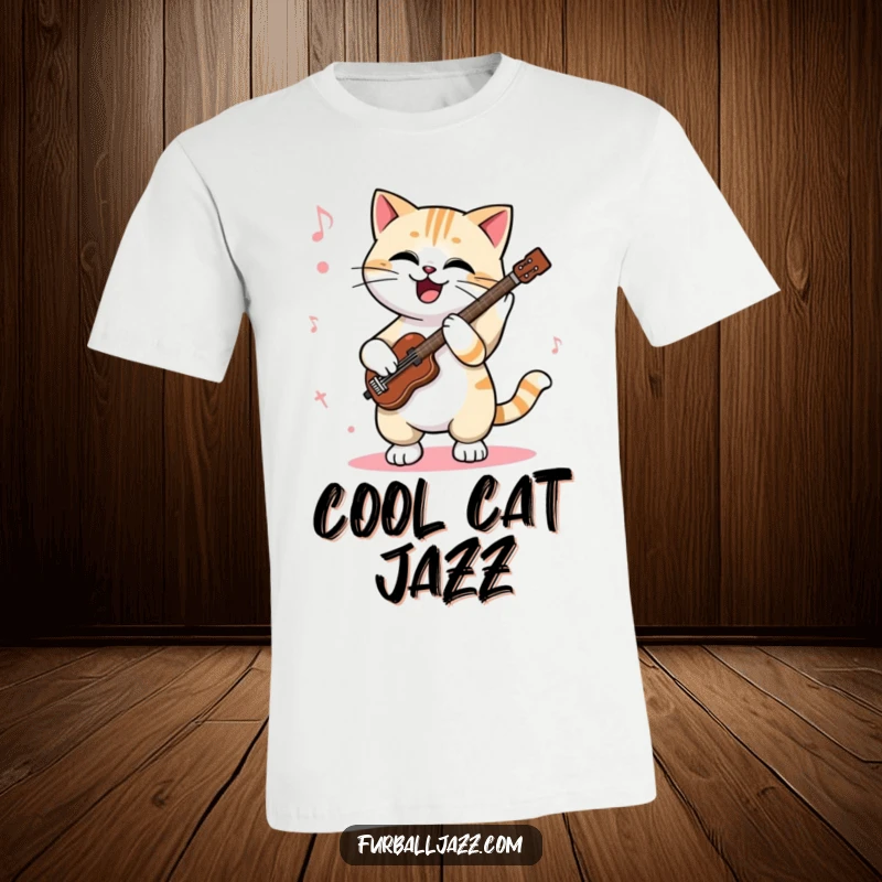Funny cat t-shirt depicting a cool cat enthusiastically tapping its paws to a jazz rhythm, showcasing feline musicality.