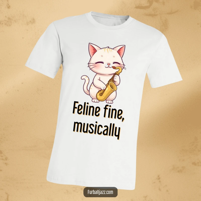 Funny cat t-shirt depicting a happy cat with closed eyes playing a saxophone, embodying cool jazz vibes and feline musical talent.
