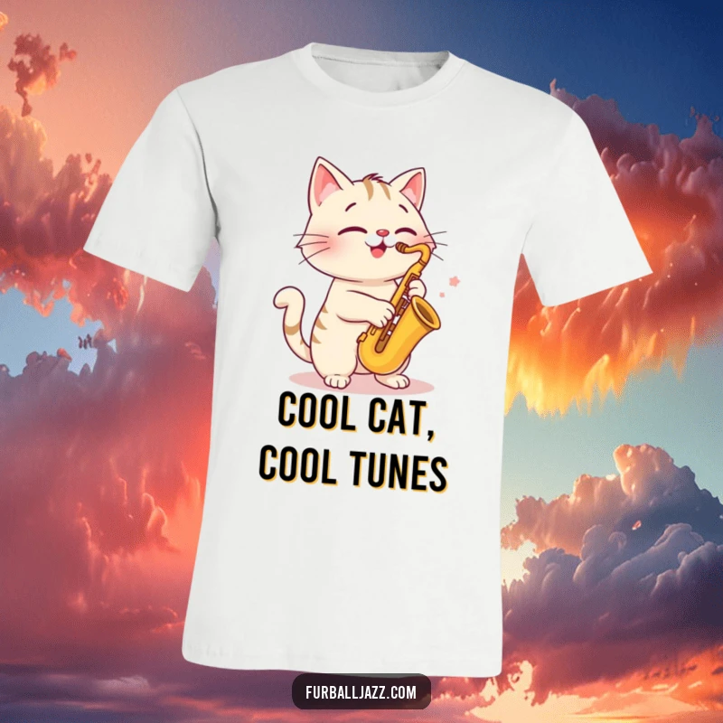 Funny cat t-shirt, playing a saxophone with a joyful expression, a cool and musical feline rocking out, great gift.