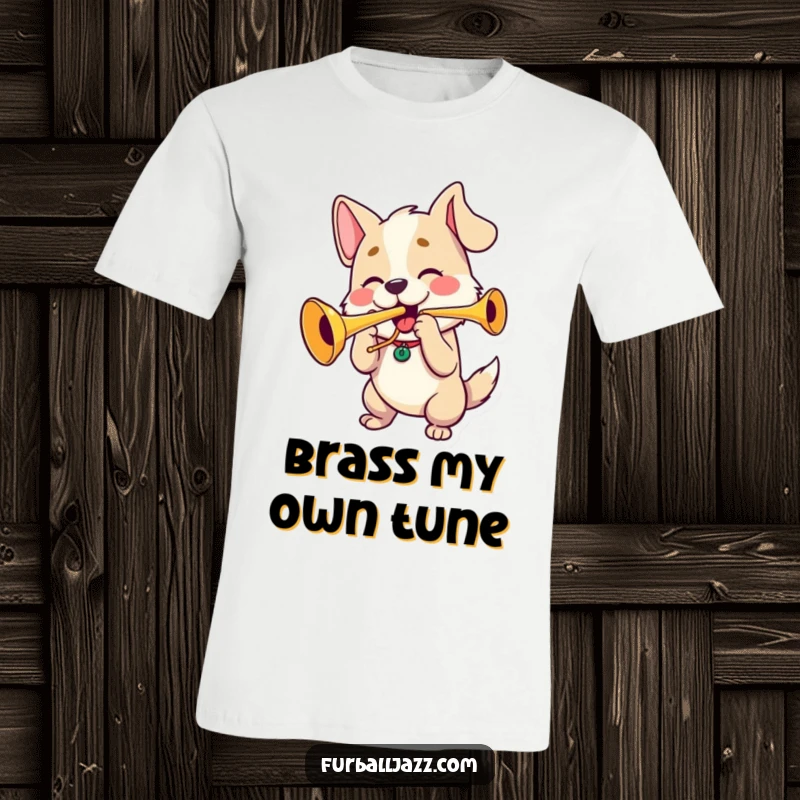 Funny dog character energetically playing a trumpet with puffed cheeks, a great funny gift t-shirt.
