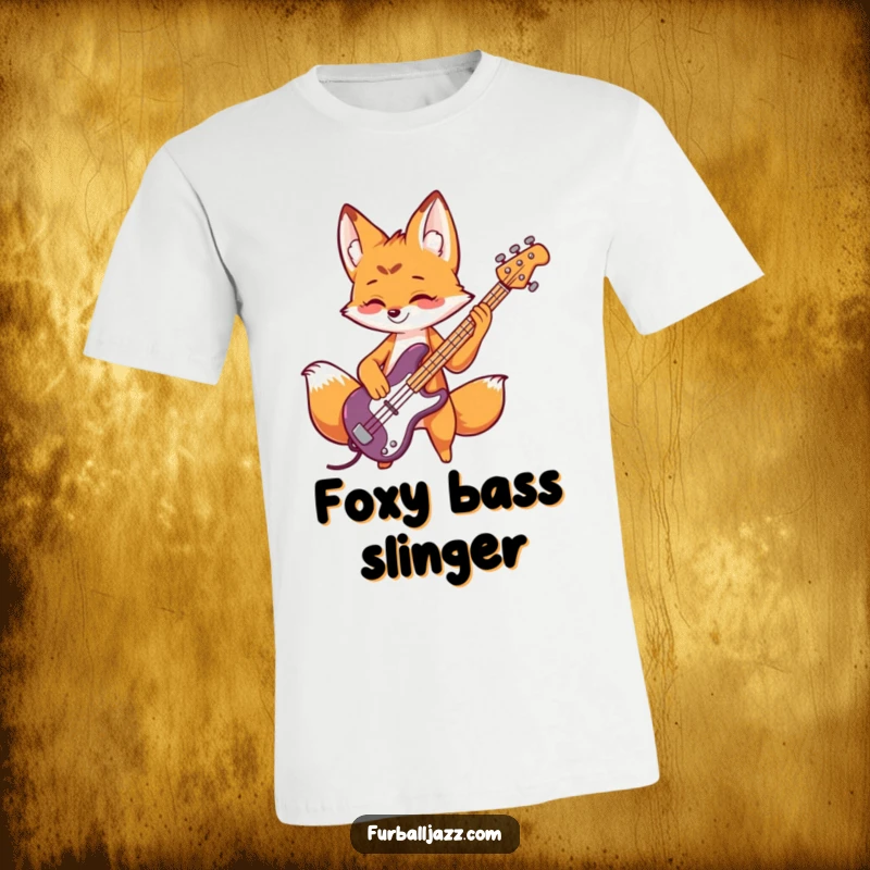 Funny fox t-shirt featuring a playful fox energetically playing a bass guitar with a fast, rockin tune.