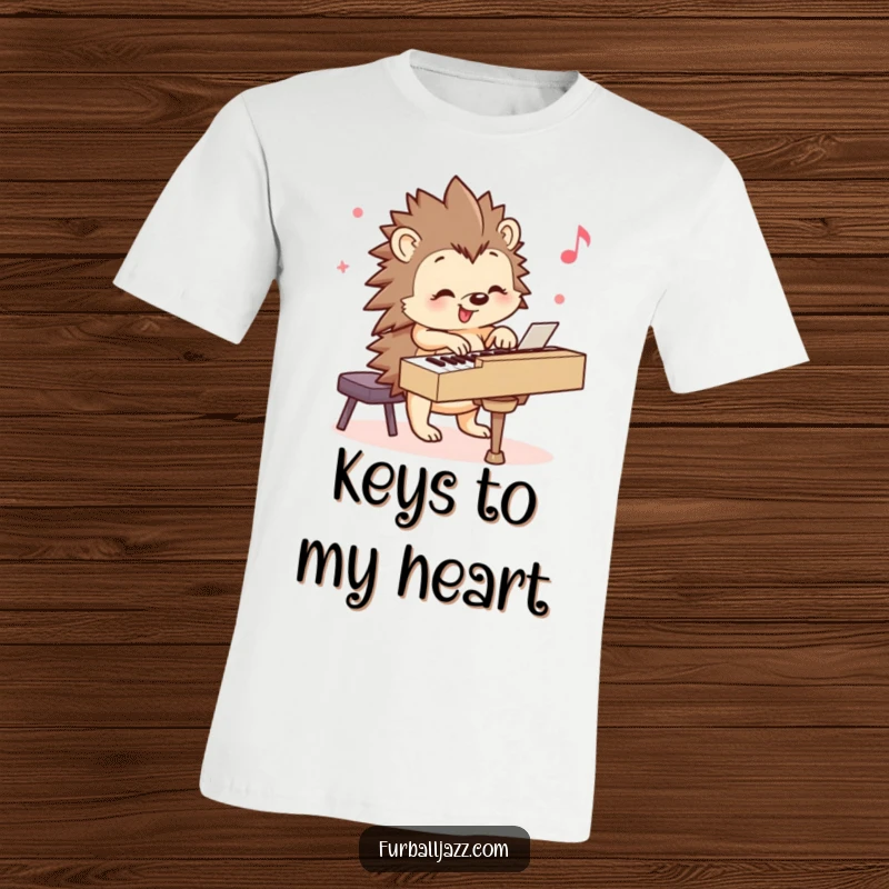 Funny Hedgehog T-Shirt: A smiling hedgehog joyfully playing a piano with enthusiasm, showcasing musical talent. Great funny gift.