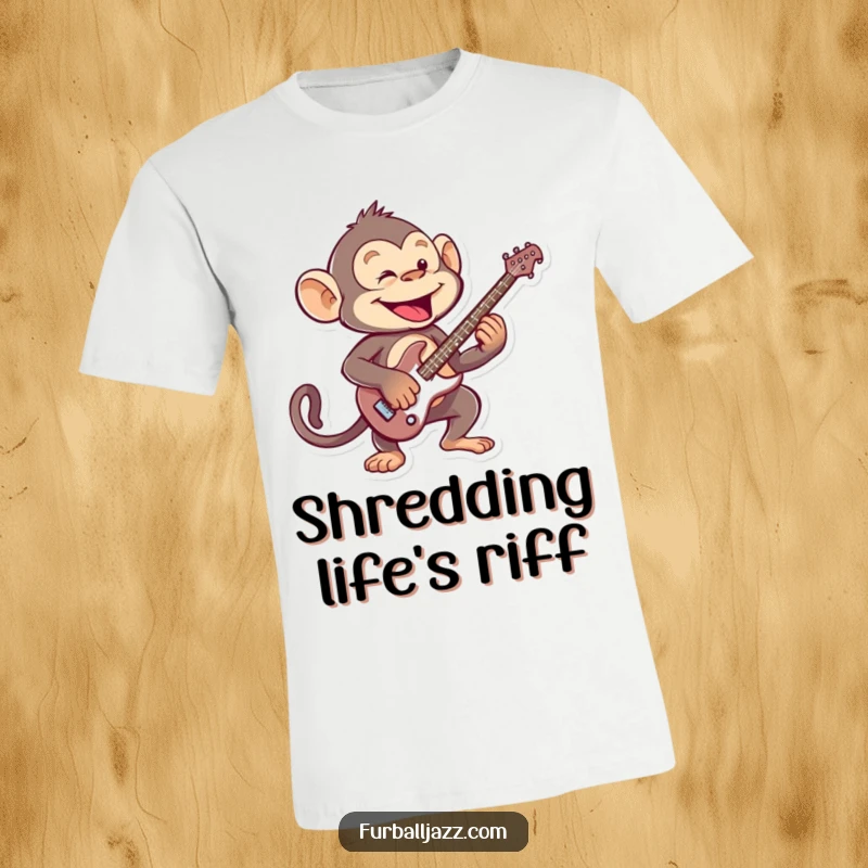 Funny mischievous monkey playing an energetic guitar solo, a humorous t-shirt for music and animal enthusiasts.