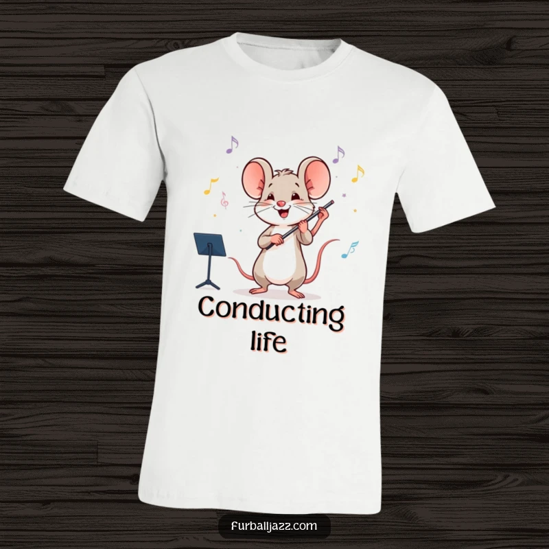 Funny mouse in a conductor’s stance, leading an invisible orchestra with joy and enthusiasm on a t-shirt.