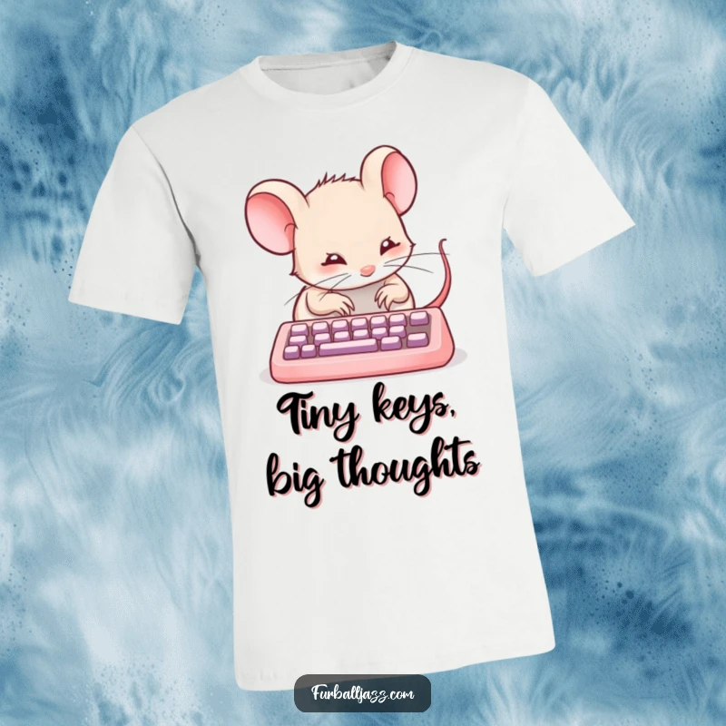 Funny mouse furiously typing on a tiny keyboard on a t-shirt, a hilarious depiction of a tech-savvy rodent.