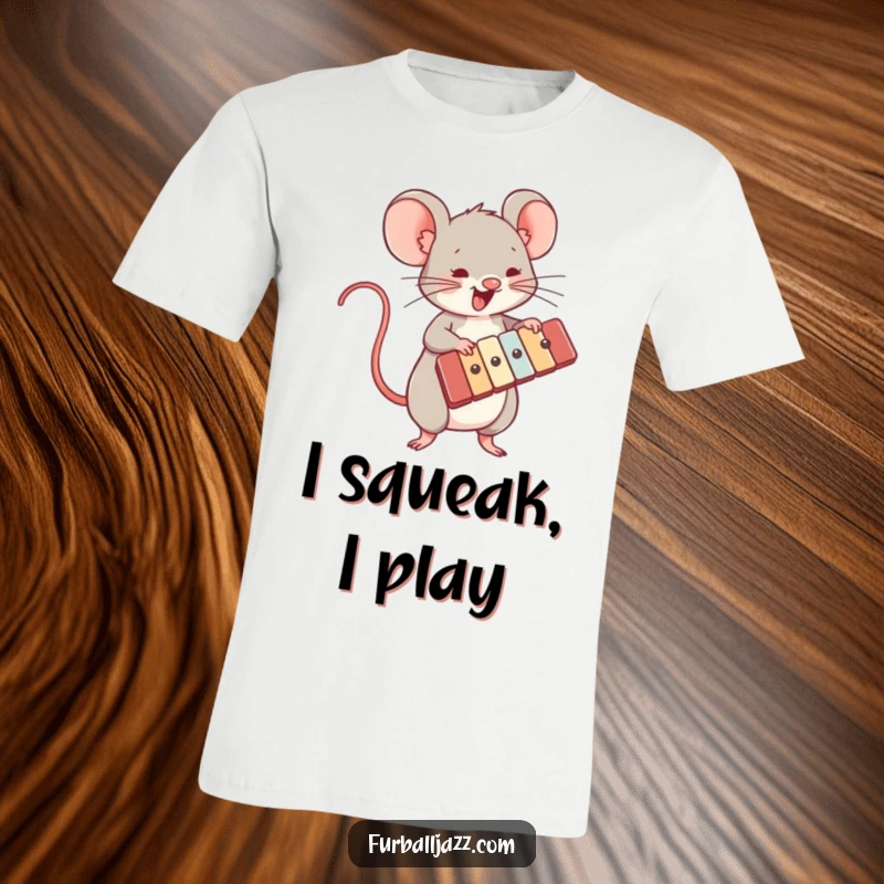 Funny t-shirt with a cute mouse character energetically playing a xylophone, capturing a moment of lively musical performance.