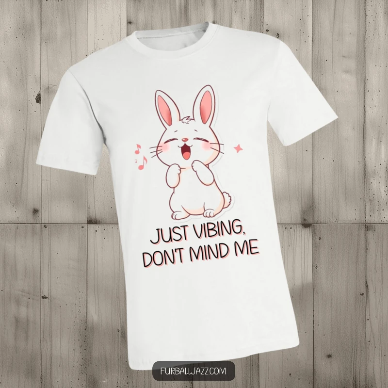 Funny t-shirt showcasing a rabbit character passionately singing scat, eyes closed, paw raised, radiating pure musical joy and energy.