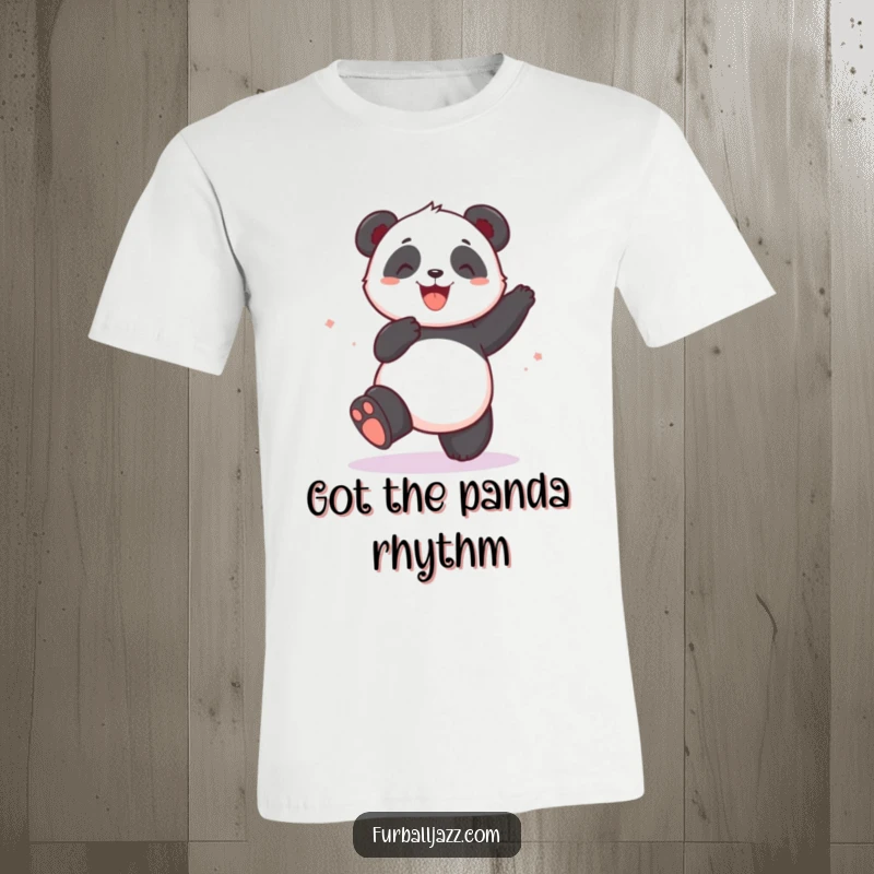Funny panda enthusiastically tapping its foot, lost in rhythm on a t-shirt, a hilarious dancing panda graphic.