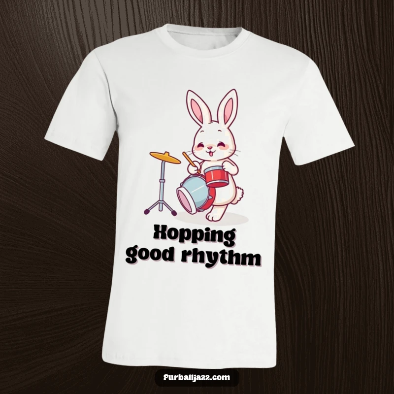Funny bunny rabbit tapping its foot while playing the drums, a funny t-shirt for music fans.