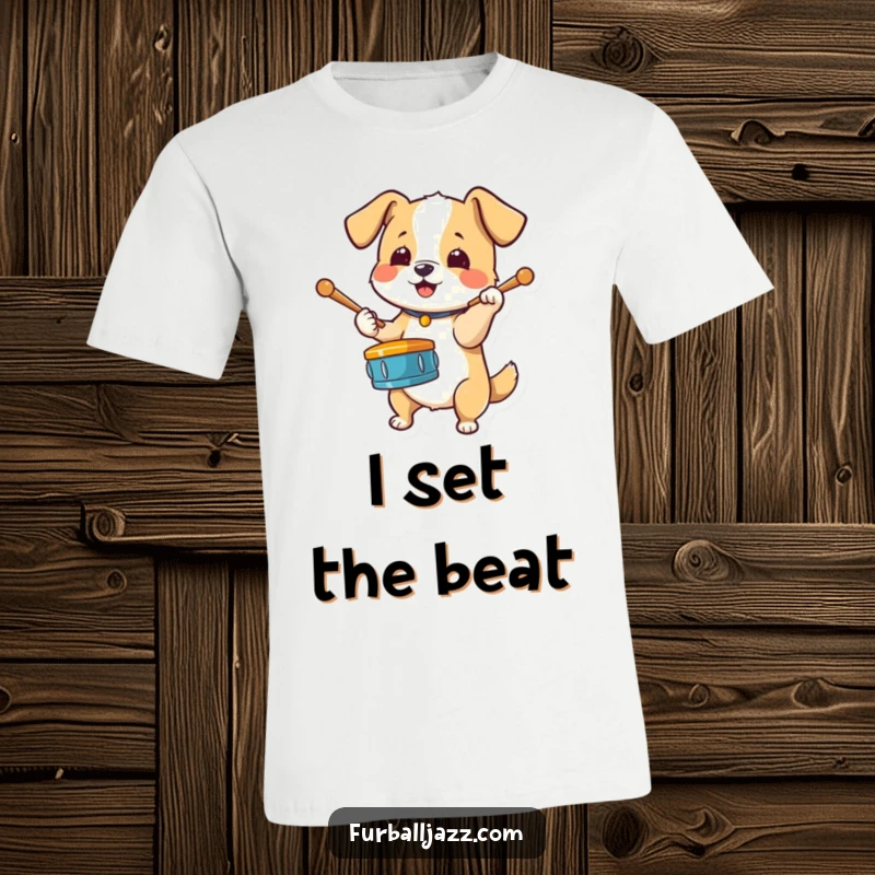 Funny Dog Drummer T-Shirt depicting an energetic dog tapping drumsticks on its paw, showcasing incredible rhythm and enthusiasm.