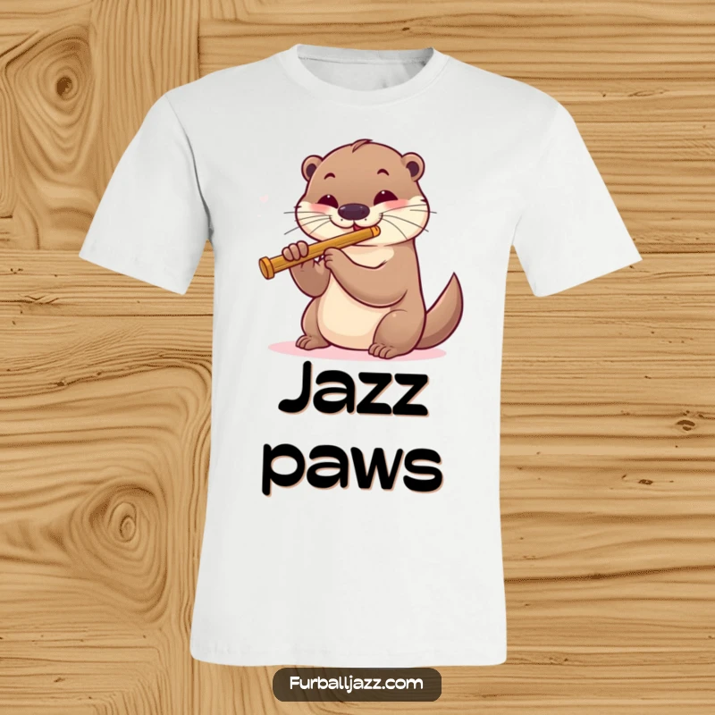 Funny otter playing a jazz flute solo with a cool, relaxed expression, perfect for a humorous t-shirt.