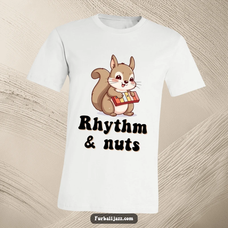 Funny squirrel musician playing a brightly colored xylophone with intense concentration and joy, a hilarious nature-themed t-shirt.