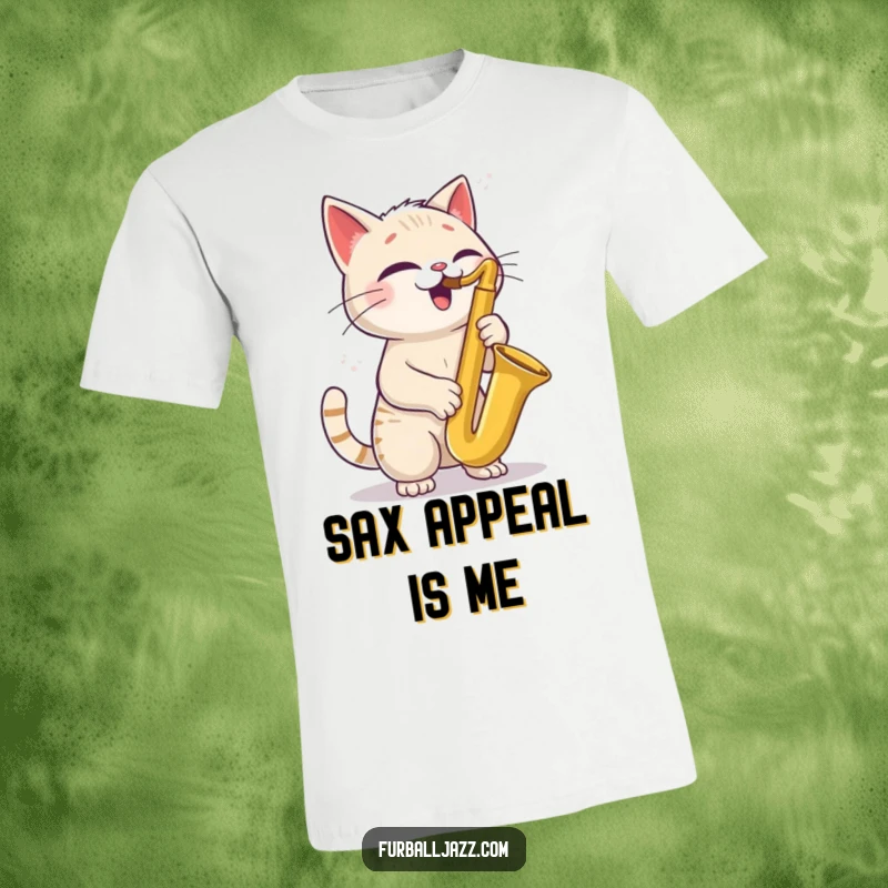Funny Cat Saxophone T-Shirt featuring a joyful cat with a tilted head expertly playing a saxophone, embodying cool feline vibes.