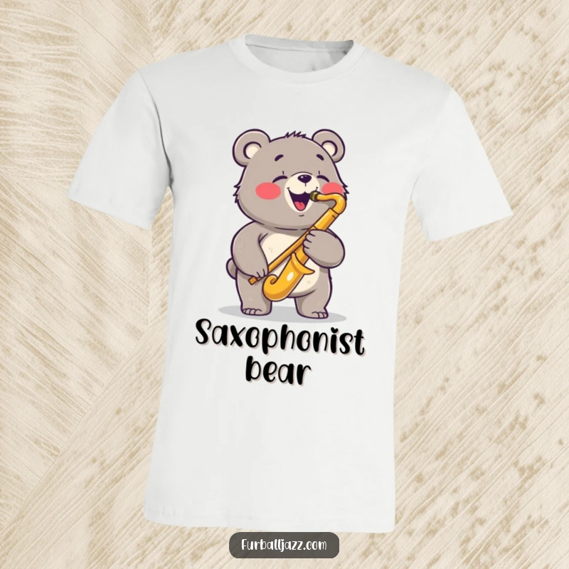 Funny bear t-shirt depicting a joyful bear playing a saxophone with a bluesy expression, showcasing cool musical vibes.