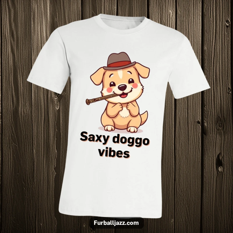 Funny dog t-shirt with a charming design of a round, happy dog in a tiny fedora, playing a clarinet with a cool, jazzy attitude.
