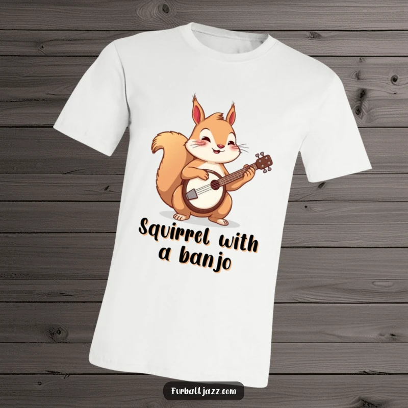 Funny squirrel playing a banjo with gusto on a t-shirt, showcasing musical talent and woodland fun.