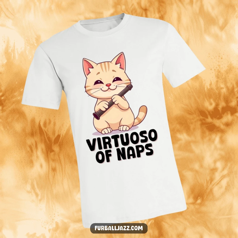 Funny cat t-shirt depicting a focused and happy cat playing a clarinet with a cheerful expression.