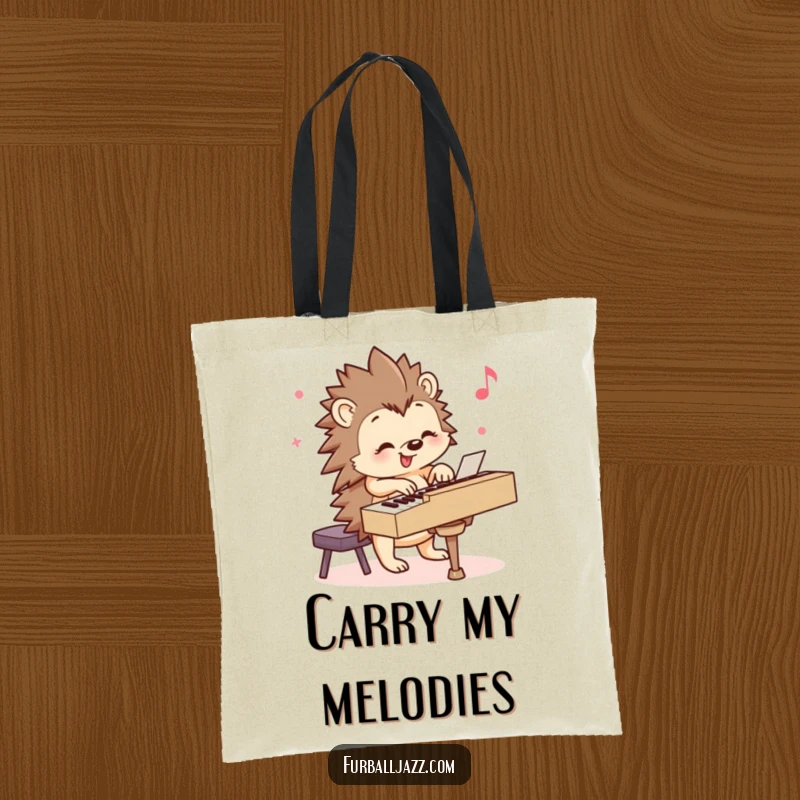 Funny Hedgehog Tote Bag: A smiling hedgehog playing a piano with cheerful energy, perfect for carrying daily items. Great funny gift.