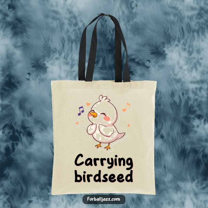 Funny Bird Tote Bag featuring a happy bird character fluting a cheerful melody, perfect for carrying essentials with musical humor.