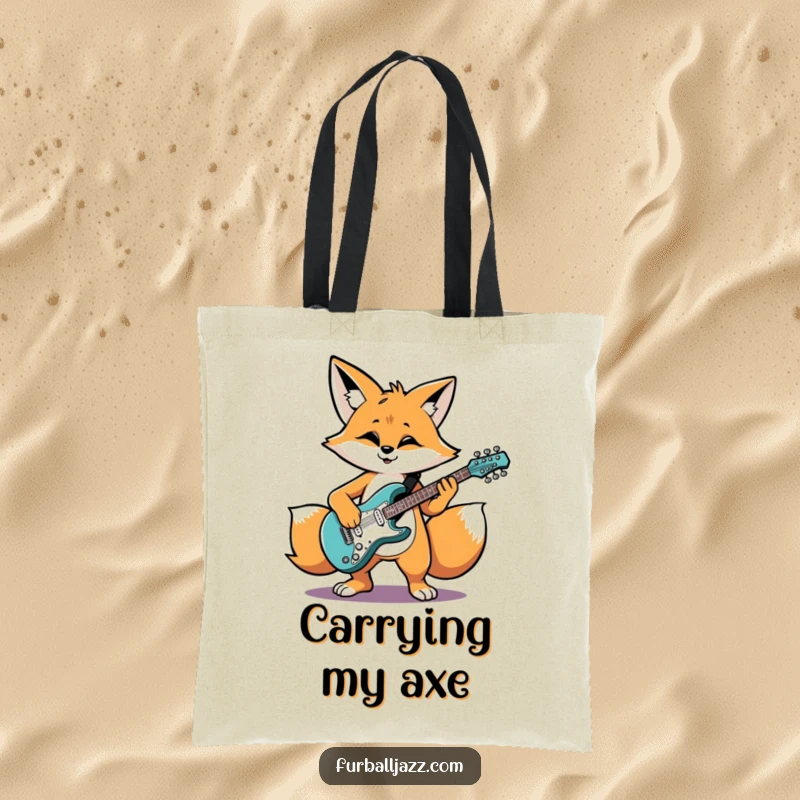 Funny fox character grooving on an electric guitar, a stylish and funny tote bag.