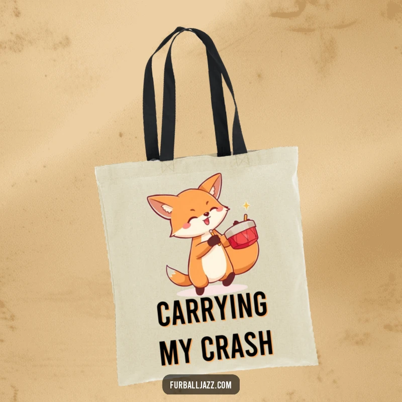 Funny fox energetically playing a pair of cymbals on a tote bag.