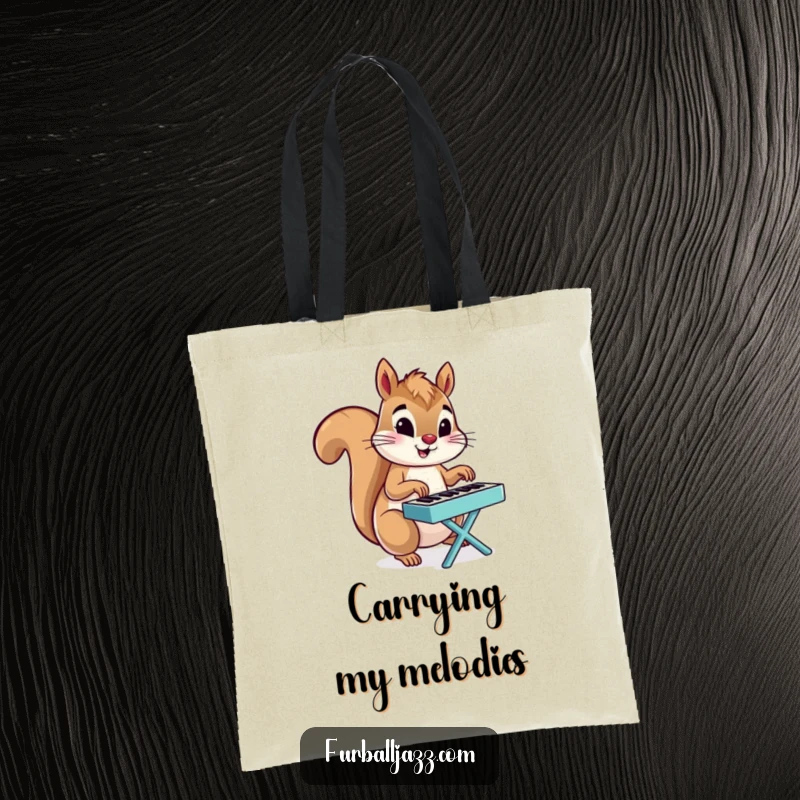 Funny Squirrel tote bag showing a squirrel energetically playing a tiny piano, a humorous and practical accessory.