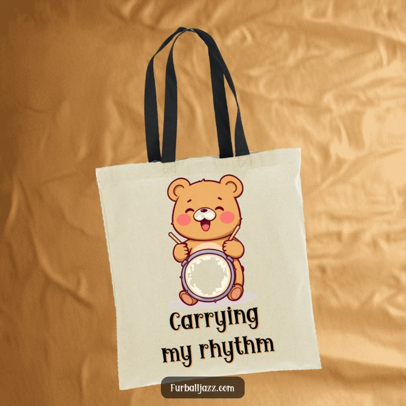 Funny bear character joyfully drumming on a snare drum, ready for gig duty on a durable, funny tote bag.