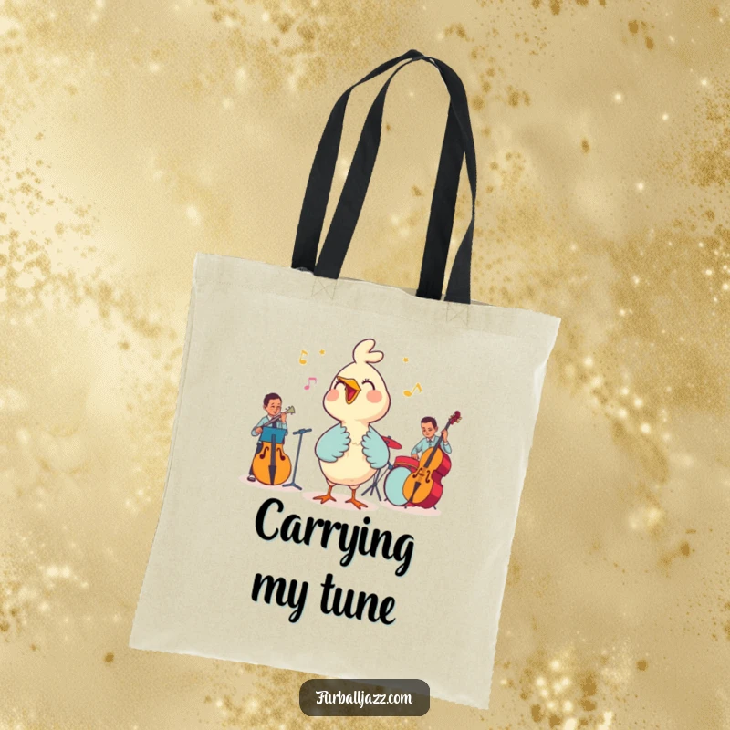 Funny tote bag showcasing a delightful bird enthusiastically singing with a cool jazz band, great for everyday use.