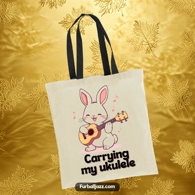 Funny Rabbit Ukulele Tote Bag depicting a cheerful bunny with a small ukulele, ideal for carrying music notes and essentials.