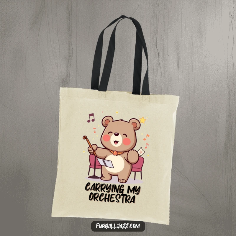 Funny tote bag with a bear conducting an invisible orchestra with glee, adding a stylish and authoritative touch.