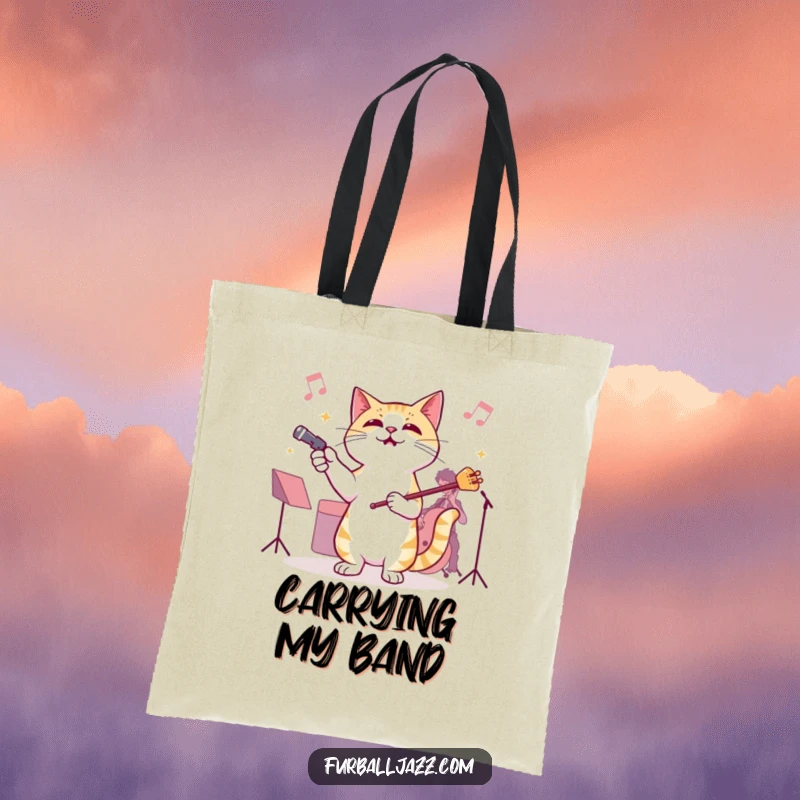 Funny Cat Jazz Conductor Tote Bag, illustrating a cat leading an imaginary jazz band, perfect for carrying your passion for music and feline smiles.