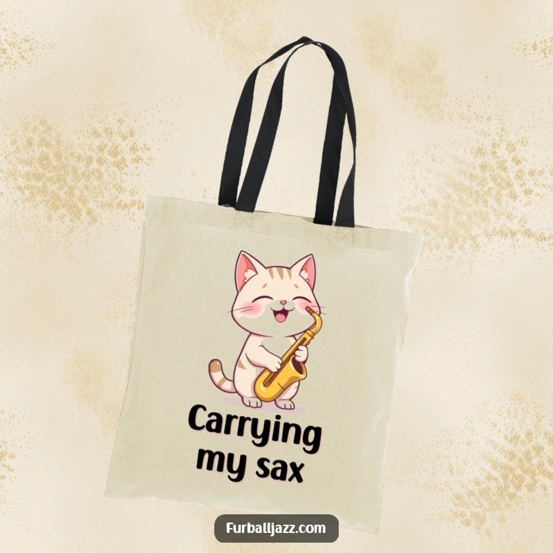 Funny Cat Saxophone Tote Bag showcasing a joyful cat playing a saxophone, perfect for carrying music gear or daily essentials with style.
