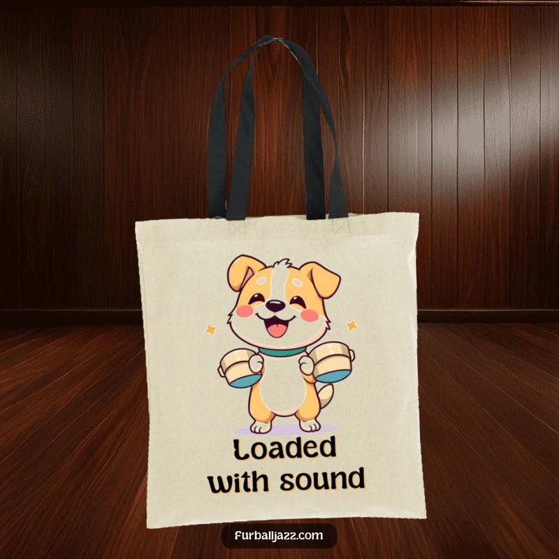 Funny dog character enthusiastically playing cymbals with a smile, ready for action on a durable, funny tote bag.