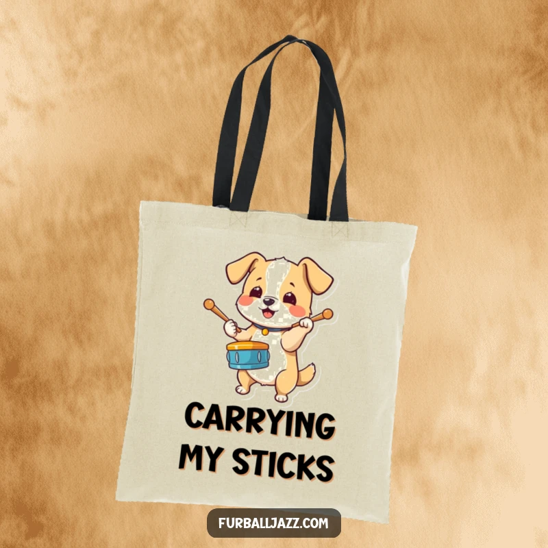 Funny Dog Drummer Tote Bag with an energetic dog tapping drumsticks on its paw, a practical and fun accessory for musicians.