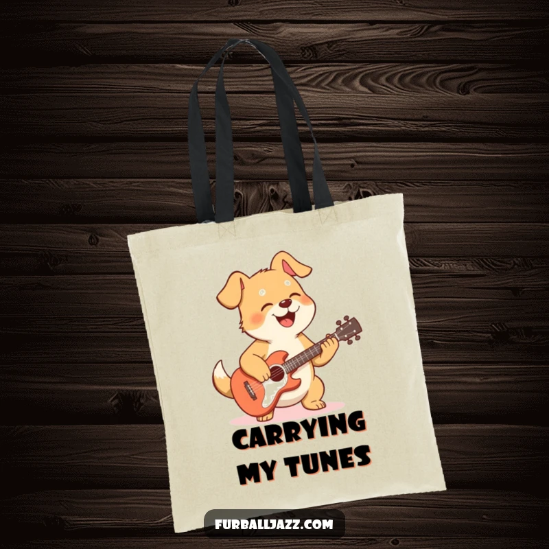 Funny dog tote bag showcasing a happy dog rocking a guitar, perfect for carrying essentials with a musical flair.