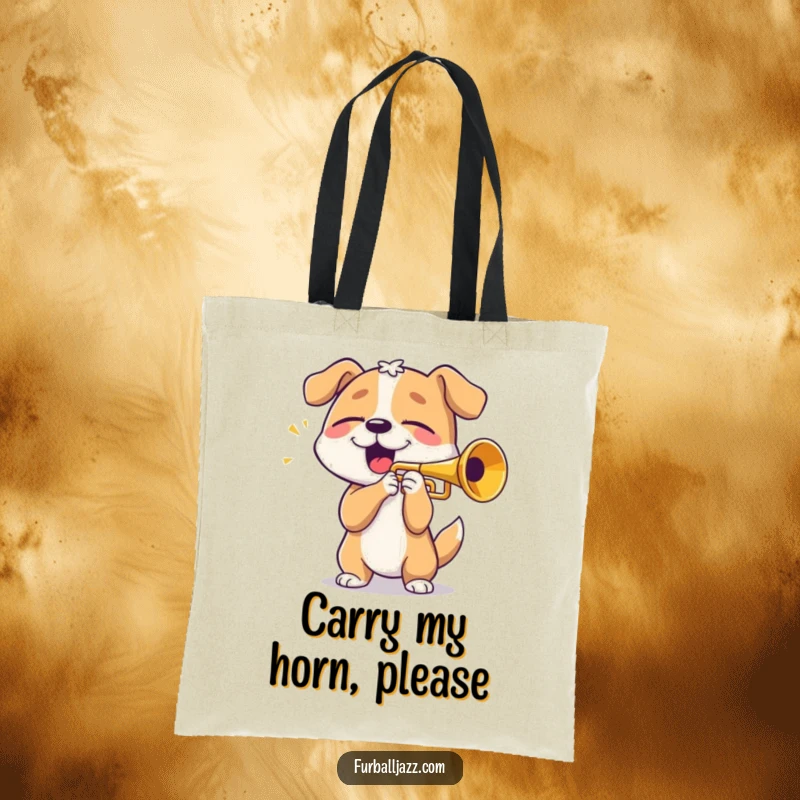 Funny dog playing trumpet with eyes closed in bliss, a practical and humorous tote bag for music enthusiasts.
