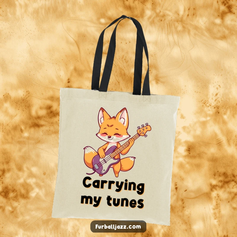Funny fox tote bag featuring a playful fox rocking out on a bass guitar, perfect for carrying essentials.
