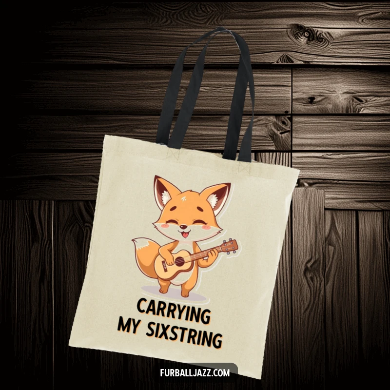 Funny fox character strumming a tiny, stylized guitar with glee, ready for musical duty on a funny tote bag.
