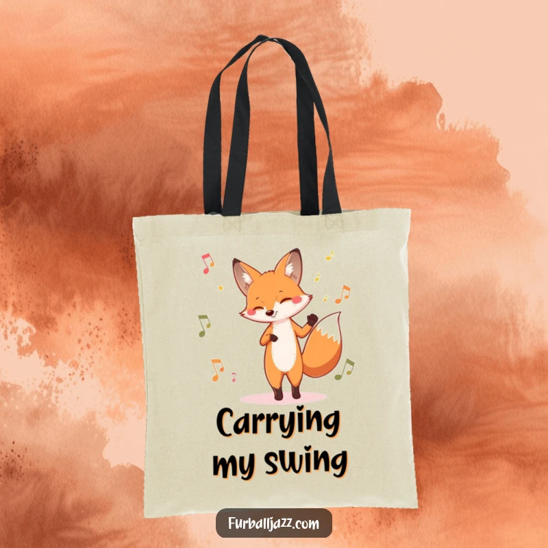 Funny fox tote bag with a fox tapping its foot to jazz music, perfect for carrying items with a musical and stylish theme.