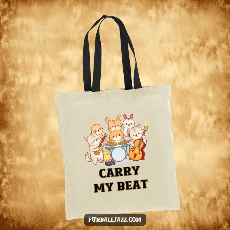 Funny tote bag adorned with a vibrant illustration of an animal jazz band performing electrifying music with their instruments.