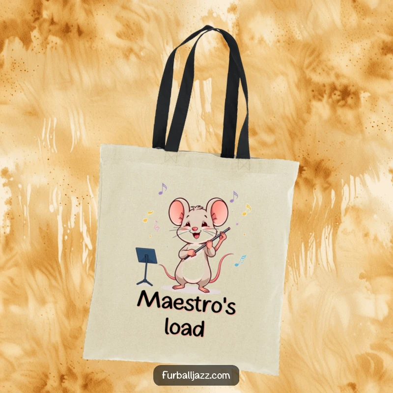 Funny mouse conducting an orchestra on a tote bag, a humorous and practical accessory for music lovers.
