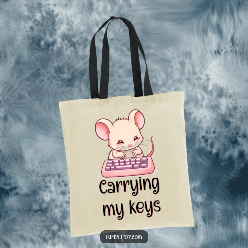 Funny mouse typing on a tiny keyboard on a tote bag, a cheerful and funny accessory for tech enthusiasts.