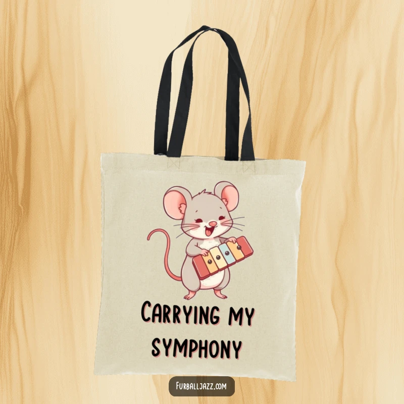Funny tote bag with an energetic mouse playing a xylophone, adding a musical and charming touch to everyday use.