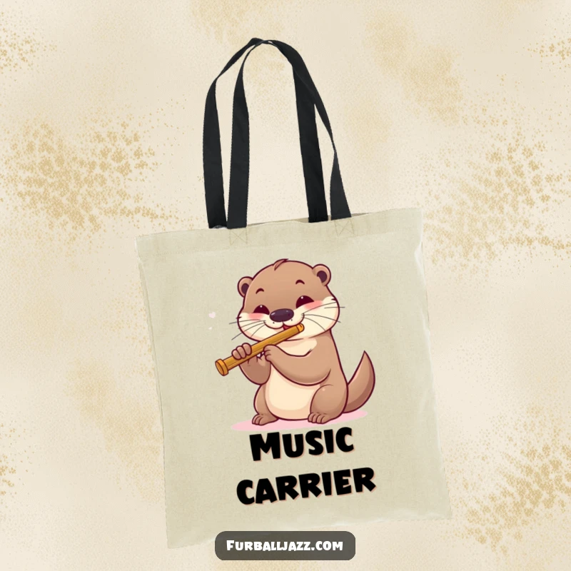 Funny otter playing a jazz flute on a tote bag, showcasing a chic and humorous musical accessory.