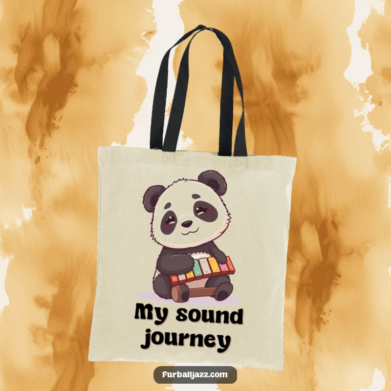 Funny panda tote bag with a curious panda serenely playing a xylophone, a happy and contemplative look on its face.