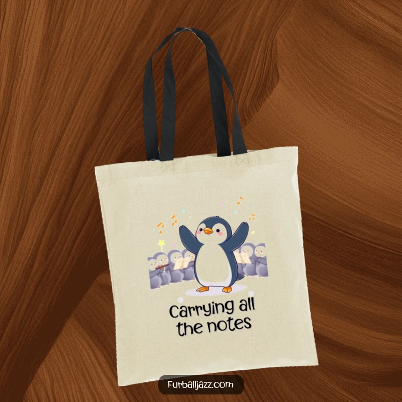 Funny Penguin Conductor Tote Bag: A penguin leading an orchestra, ideal for carrying books and musical scores.
