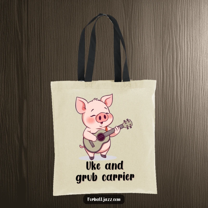 Funny Pig Ukulele Tote Bag: A smiling pig playing a ukulele, ideal for carrying daily essentials.