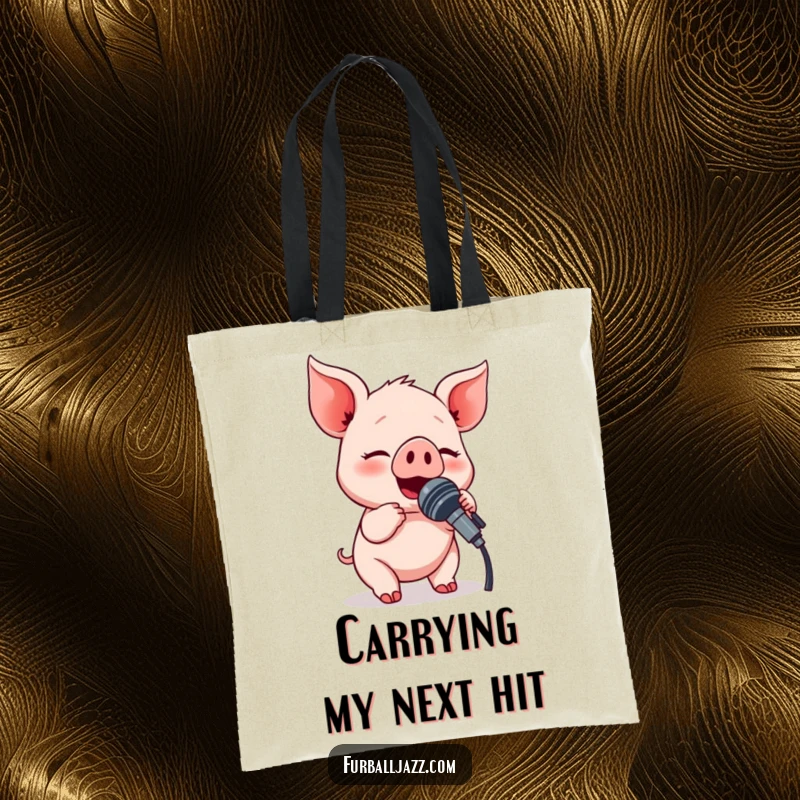 Funny piglet character with a microphone, ready to sing, making this tote bag a humorous and practical accessory.