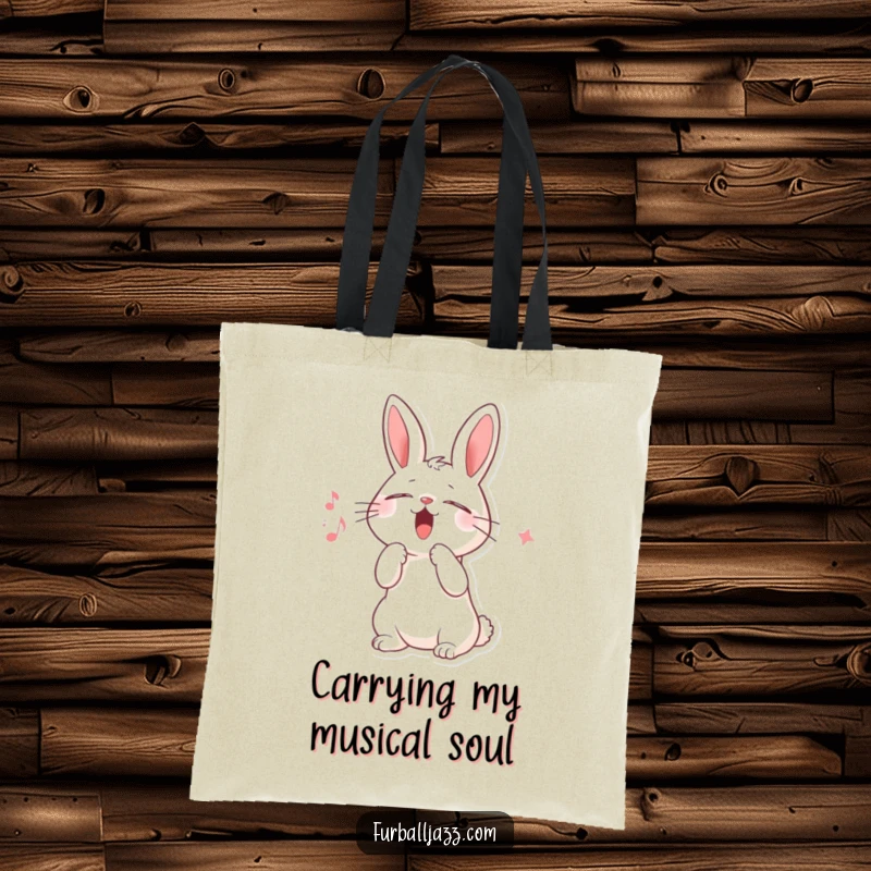 Funny tote bag depicting a rabbit character lost in scat singing, eyes closed, paw raised, embodying a free-spirited musical performance.