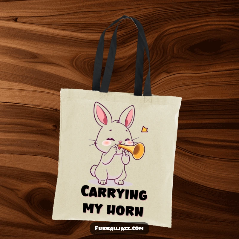 Funny rabbit tote bag with a rabbit playing a trumpet, perfect for carrying essentials with a musical and charming flair.
